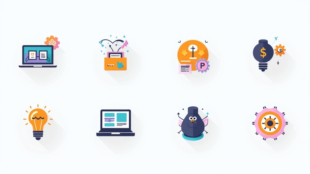 A collage of icons representing different online business models such as ecommerce, affiliate marketing, digital content creation, and AI automation tools.